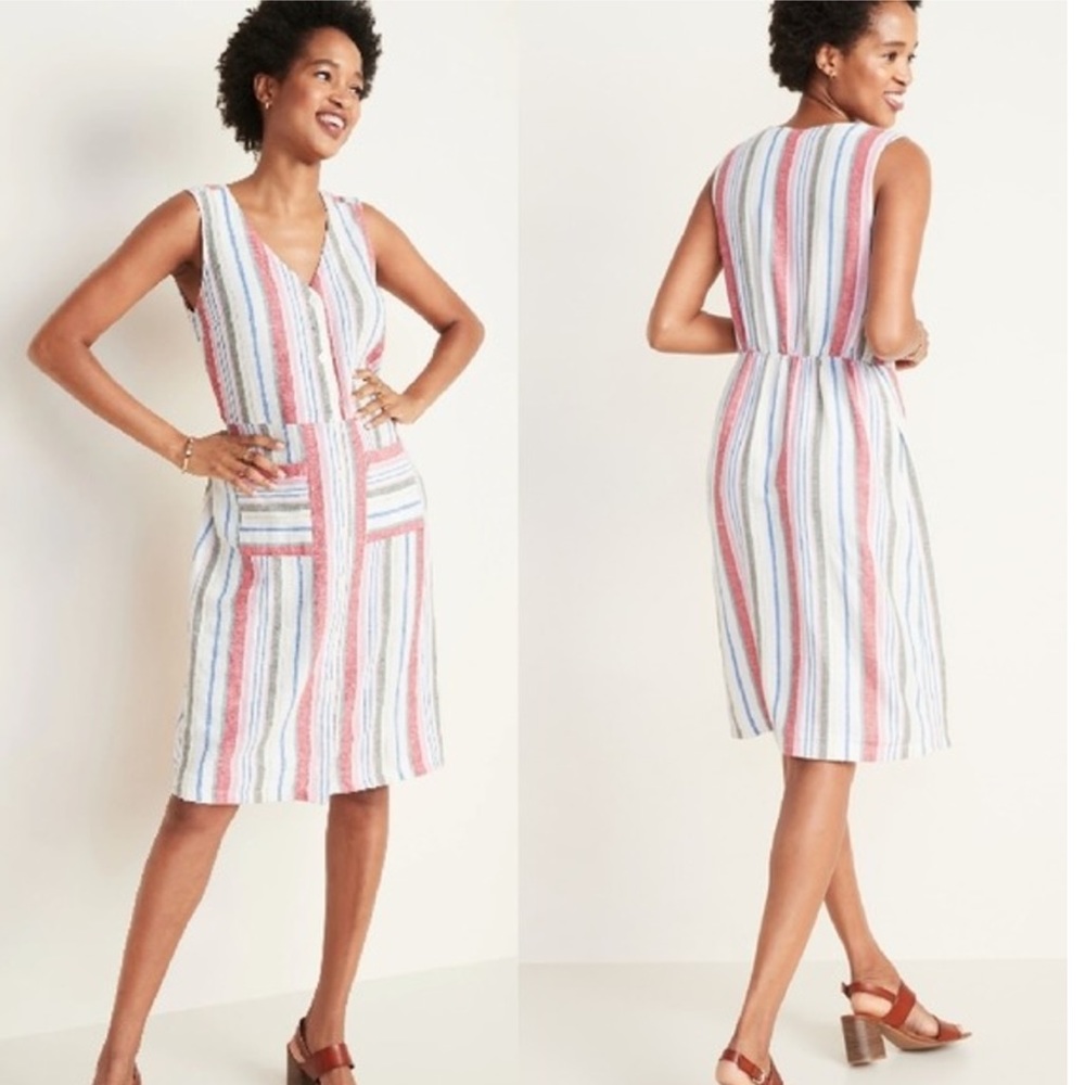 Old Navy Striped Linen Midi Dress-Medium
